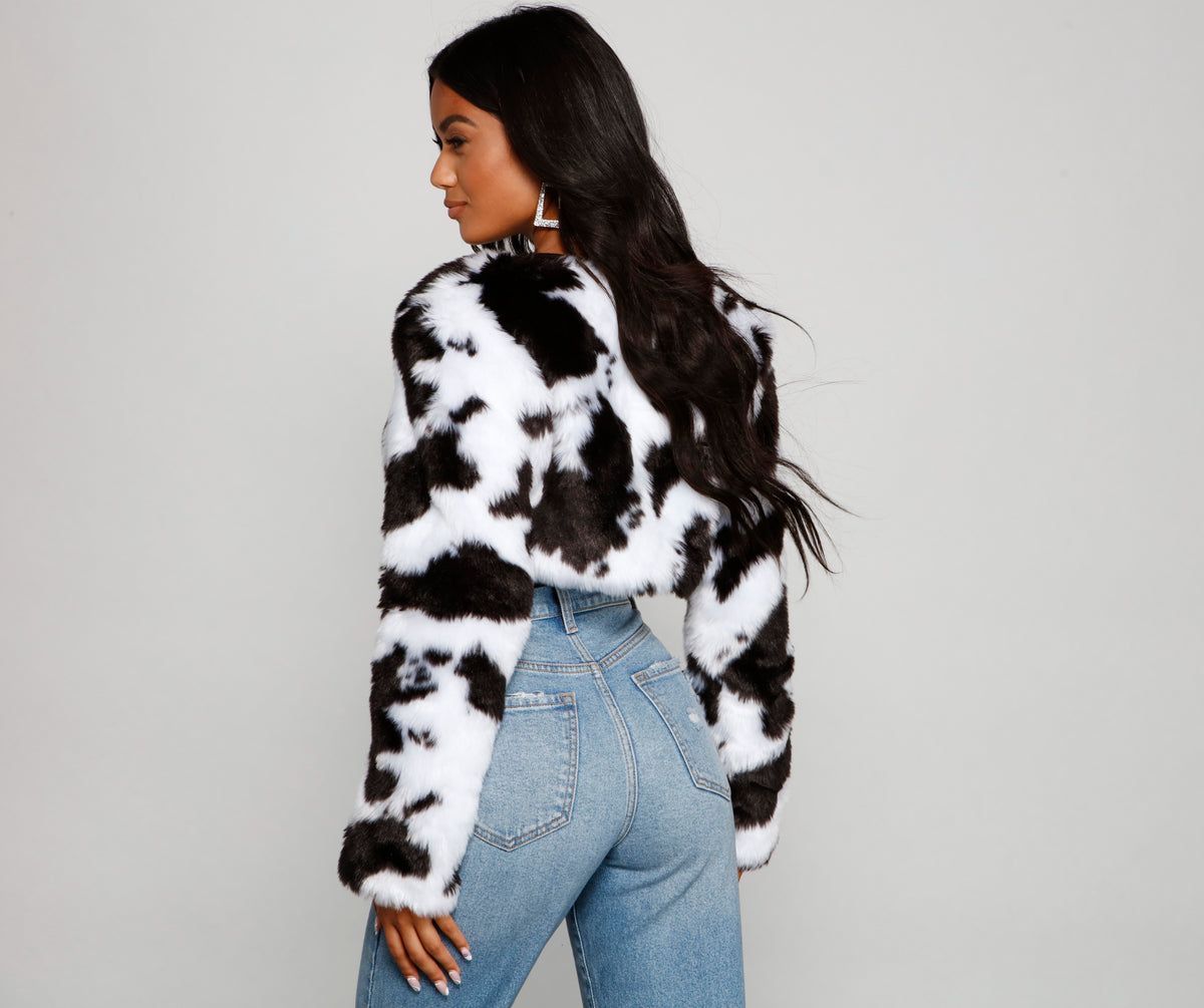 Faux Fur Cropped Cow Print Jacket