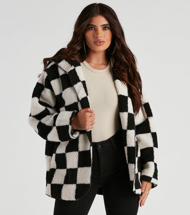 Cute In Checkered Faux Sherpa Jacket helps create the best summer outfit for a look that slays at any event or occasion!