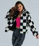 Coolness In Check Faux Sherpa Bomber Jacket