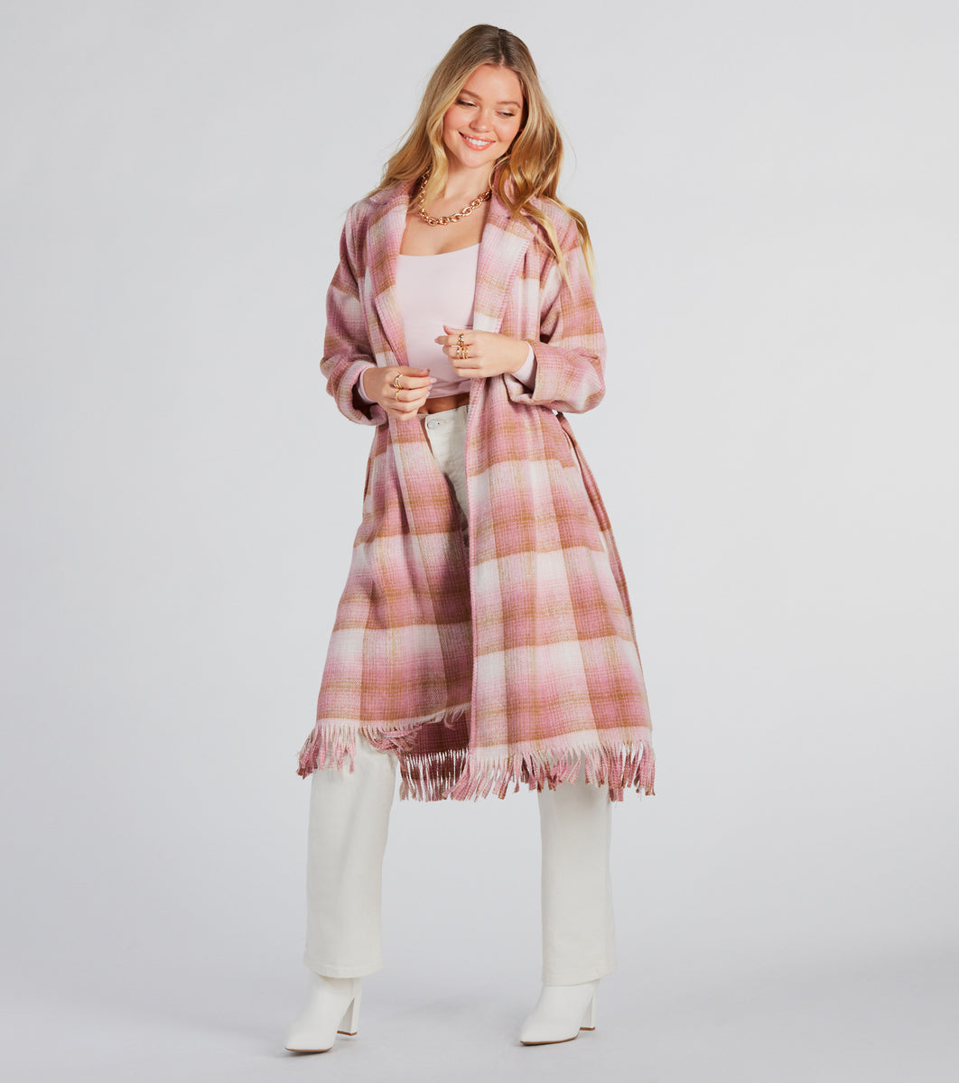 Fringed checked trench coat