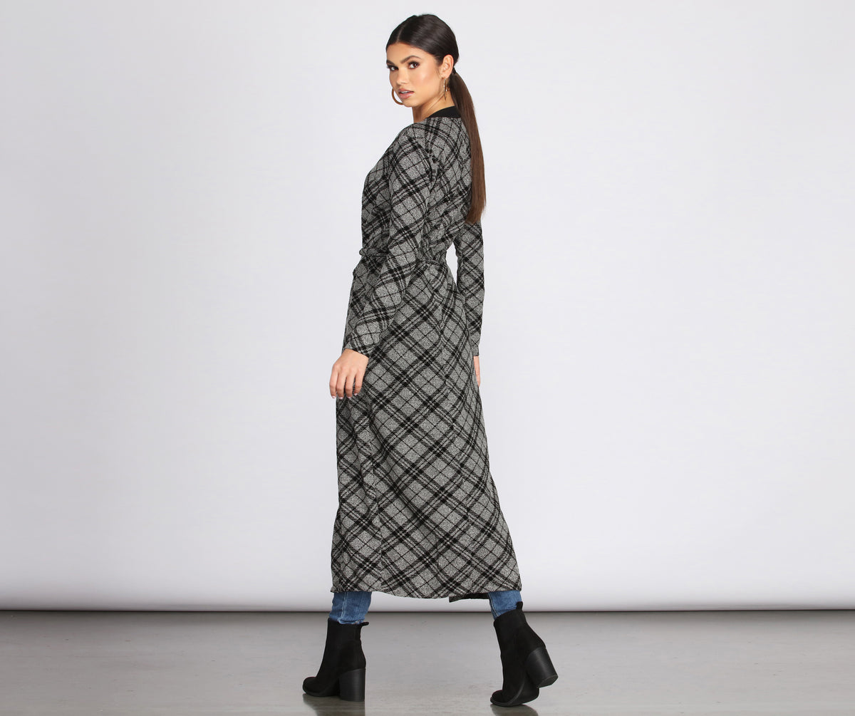 Belted Plaid Knit Duster