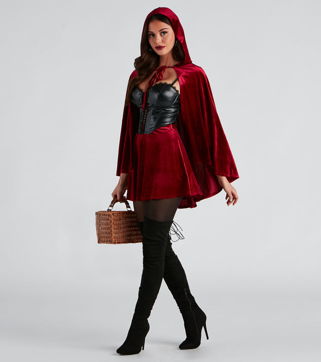 Lil' Red Adult Costume from Windsor features a black corset top, a red velvet hooded cape, tights, and black faux suede lace-up boots.