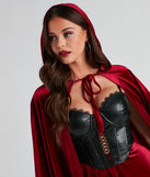 Hood and front tie on the Lil' Red Velvet Hooded Cape for women's Halloween DIY costumes.