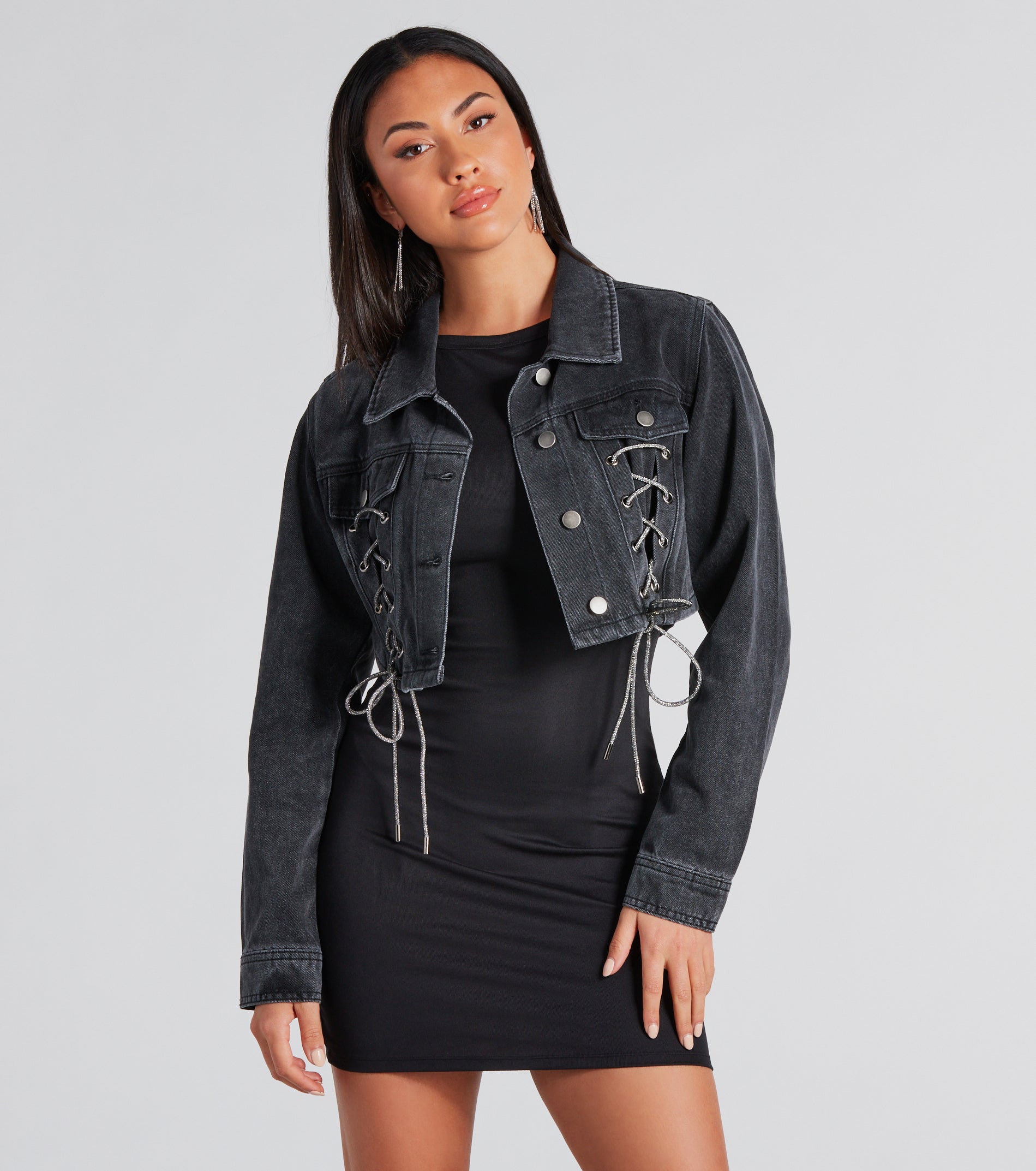 Outshine In Rhinestone Lace-Up Denim Jacket | Windsor