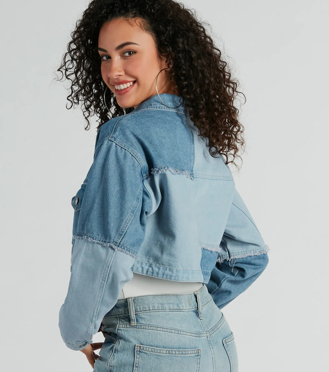 Trendsetter Denim Patchwork Cropped Jean Jacket