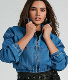 Trendy Destination Denim Bomber Jacket is a fire pick to create a concert outfit, 2024 festival looks, outfits for raves, or to complete your best party outfits or clubwear!