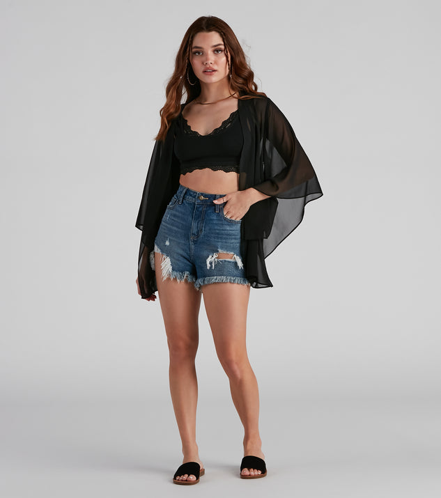 Sheer Secrets Chiffon Short Kimono is a trendy pick to create 2023 festival outfits, festival dresses, outfits for concerts or raves, and complete your best party outfits!