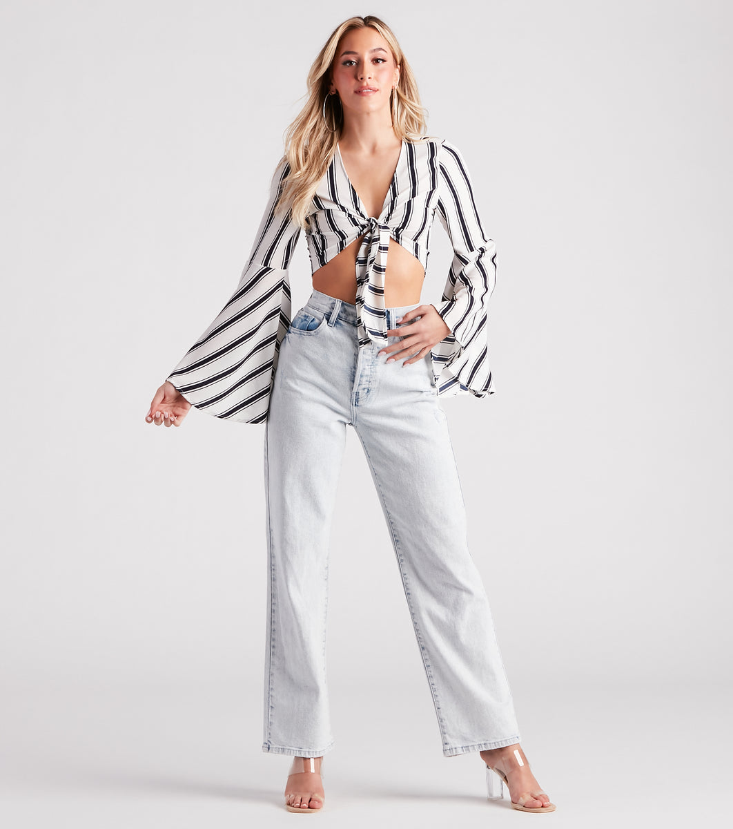 Stripe It Right Crepe Tie-Front Crop Top