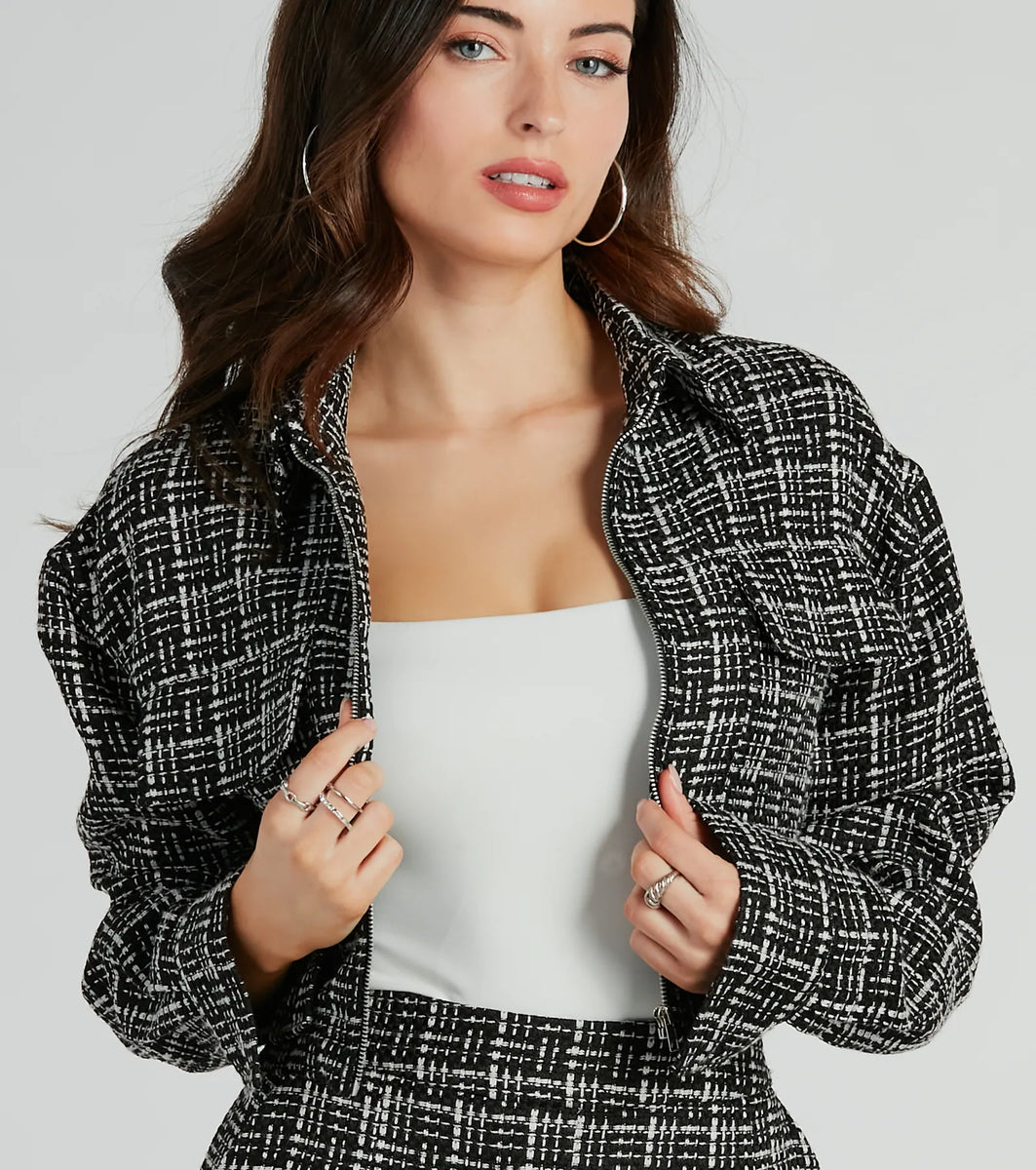 Sophisticated Posh Zip Up Tweed Plaid Shacket