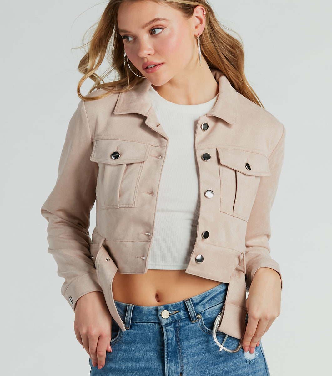 Layer On Iconic Belted Crop Faux Suede Moto Jacket