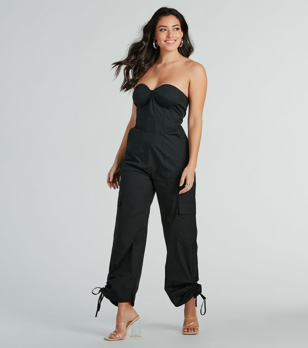 Windsor Bae O'clock Strapless Lace-Up Jumpsuit | CoolSprings Galleria