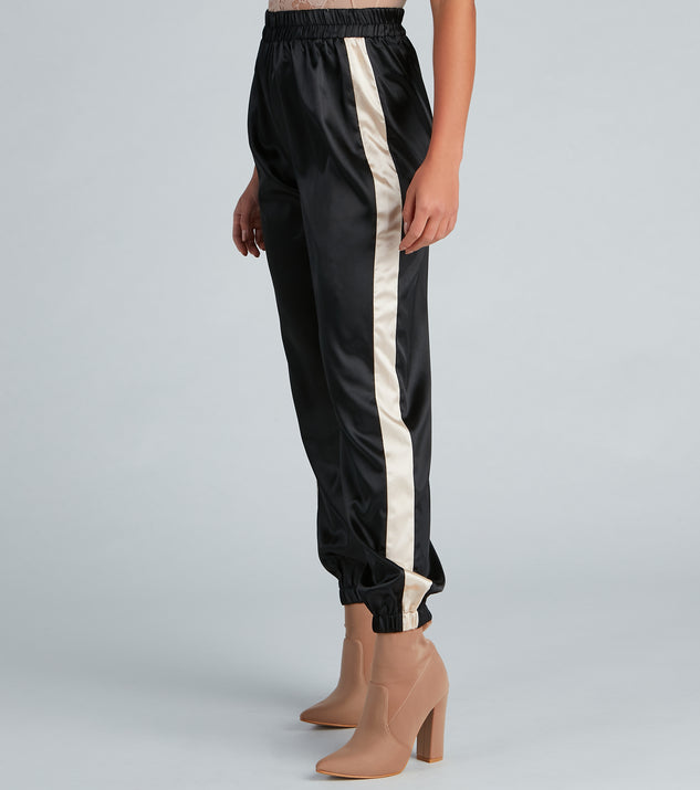 Sleek Striped Satin Joggers for 2023 festival outfits, festival dress, outfits for raves, concert outfits, and/or club outfits