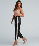 Sleek Striped Satin Joggers for 2023 festival outfits, festival dress, outfits for raves, concert outfits, and/or club outfits