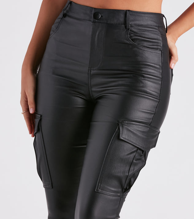 Black Faux Leather Cargo Pants  Leather leggings look, Causal