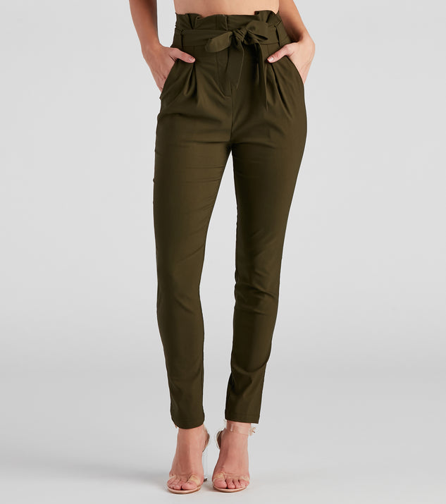 Express, Super High Waisted Belted Paperbag Pant in Olive Green