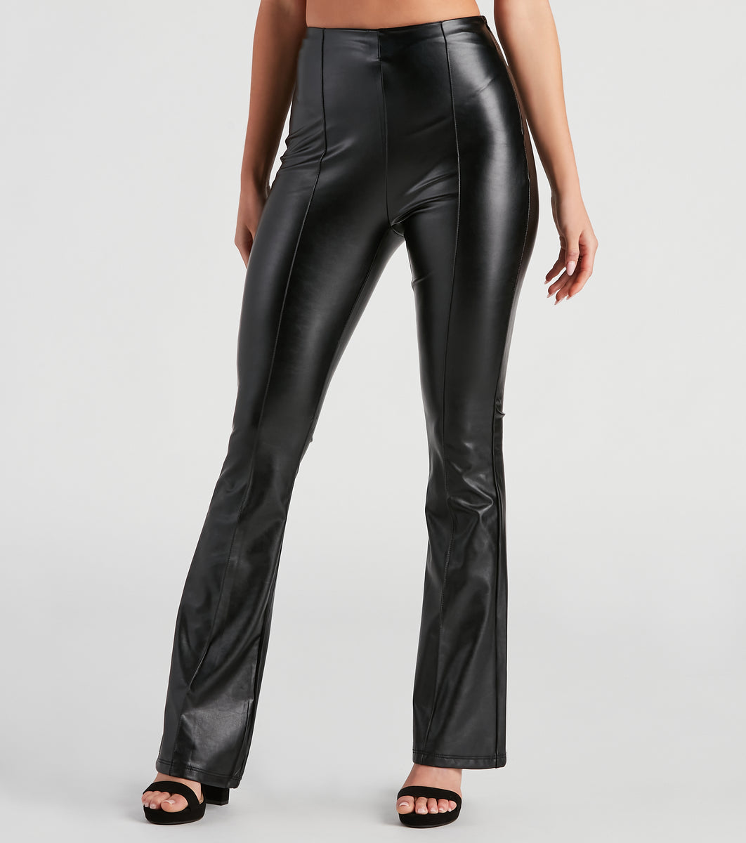 Black High Waist Faux Leather Flare Trousers