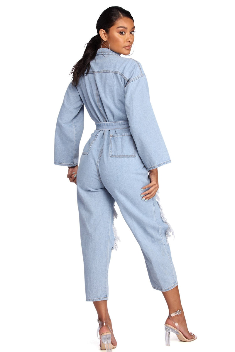 Feeling Fierce Distressed Denim Jumpsuit