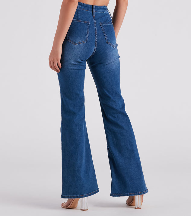 High Waisted Lace up Jeans, Blue Stretch Bell Bottom Denim Jeans -   Canada