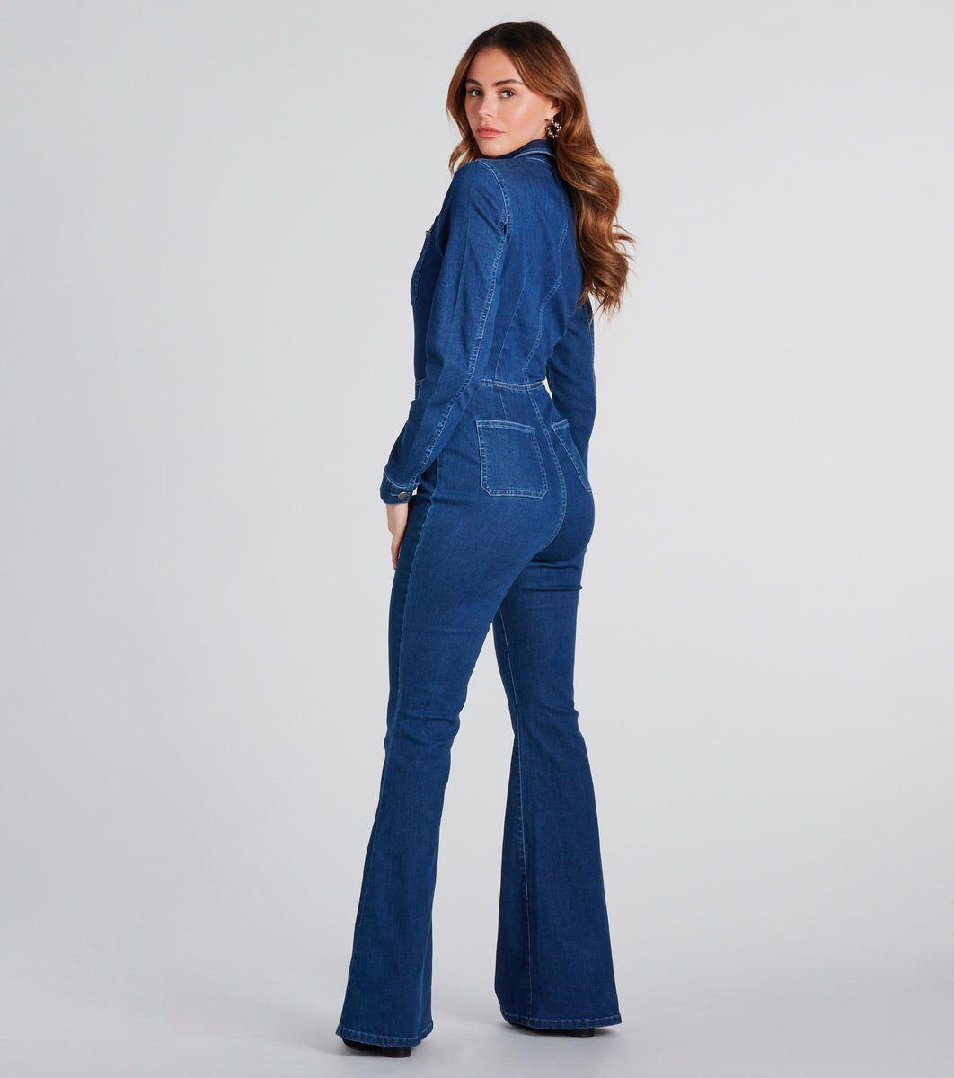 You've Got Flare Long Sleeve Denim Jumpsuit & Windsor