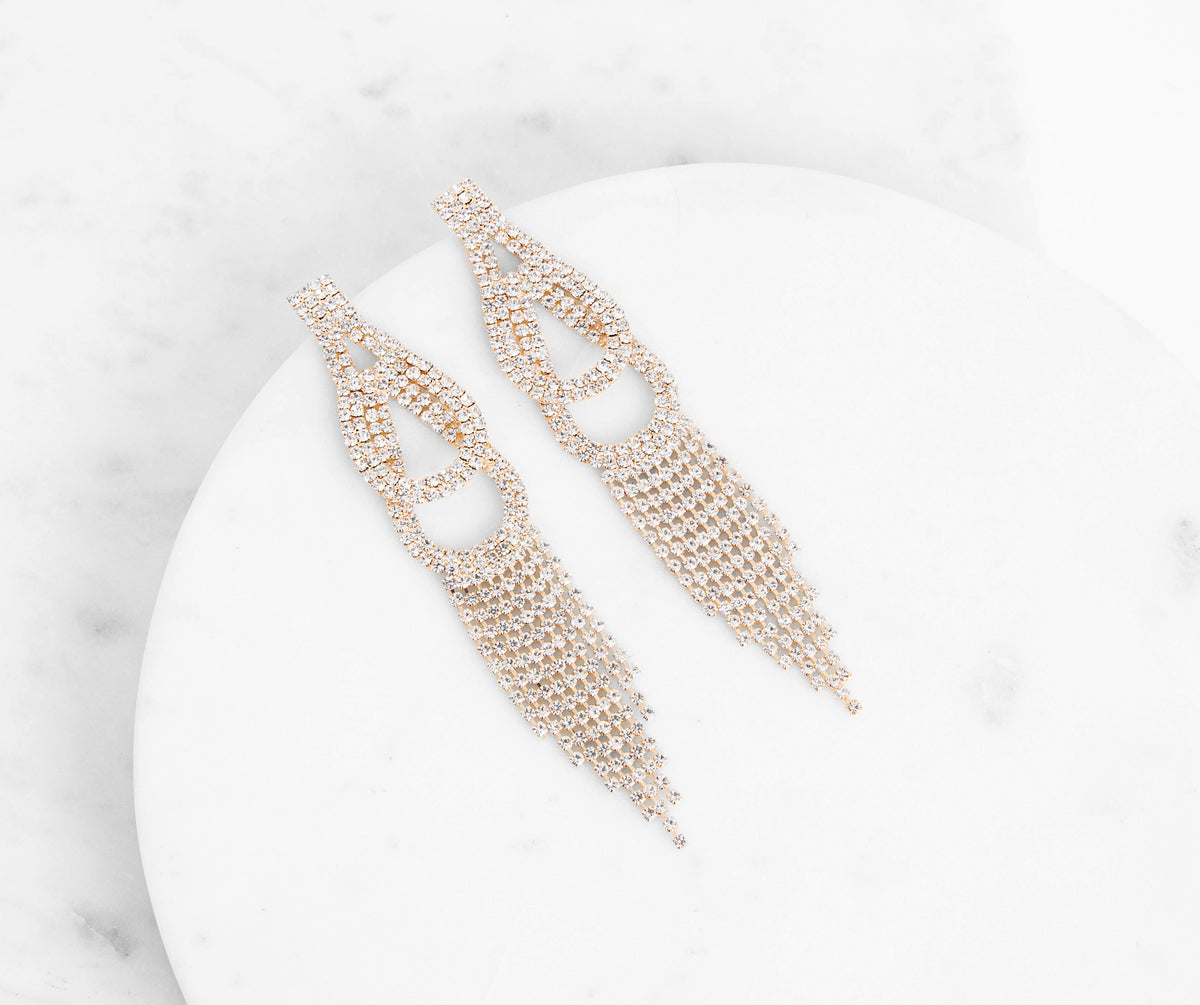 Done Up Double Loop Rhinestone Fringe Earrings