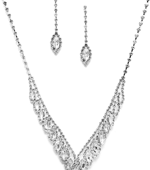 Elegant Teardrop Rhinestone Silver Earring and V-shaped Necklace Set