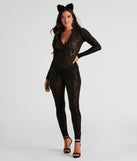 Women's cat costume from Windsor styled with a leopard print catsuit, faux fur costume cat ears, hoop earrings, and black platform heels