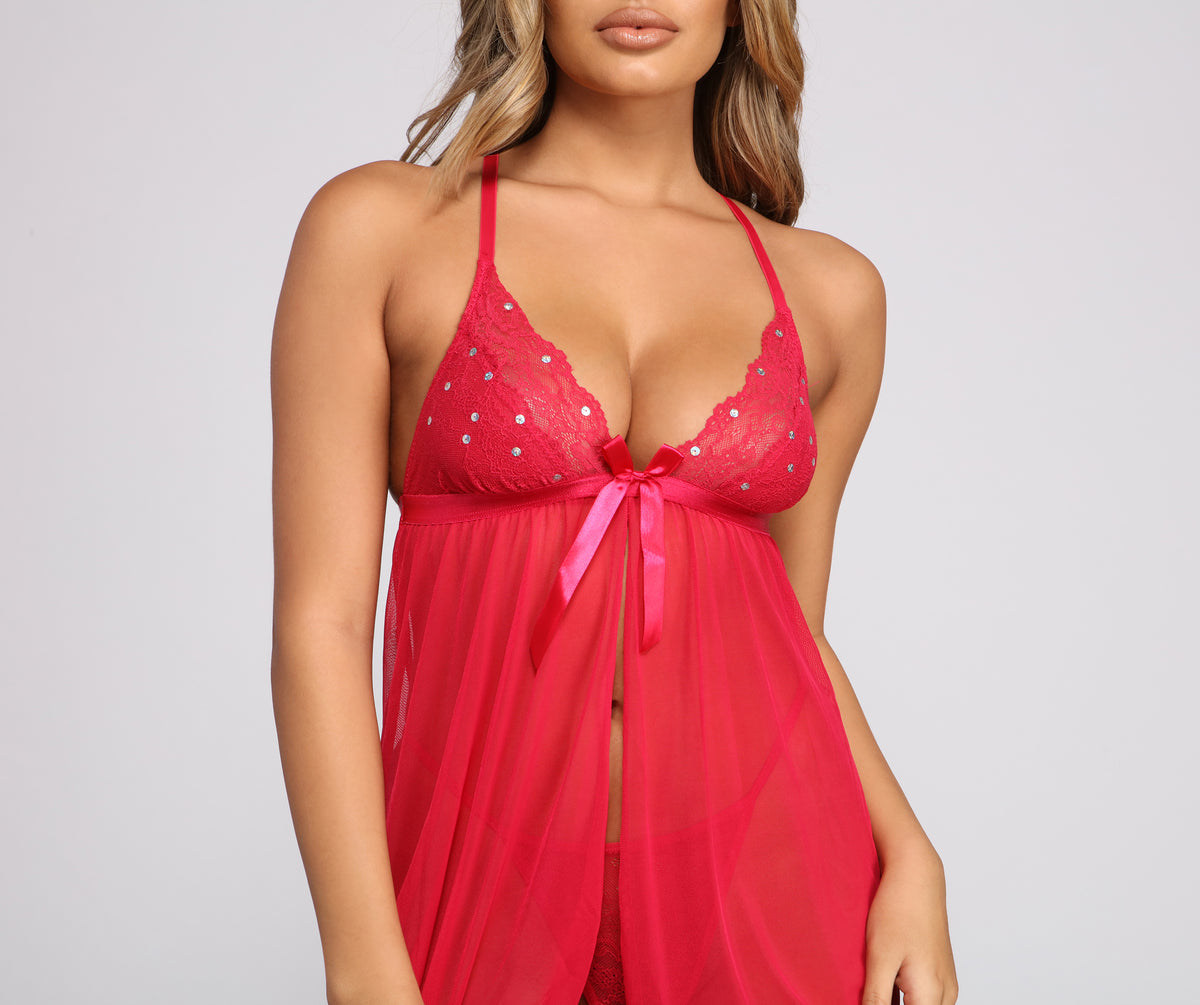 Windsor Flirty Mesh Baby Doll Dress And Matching Panty Set