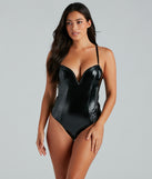 Forever21 Faux Patent Leather Bodysuit ($20) ❤ liked on Polyvore featuring  intimates, shapewear and black