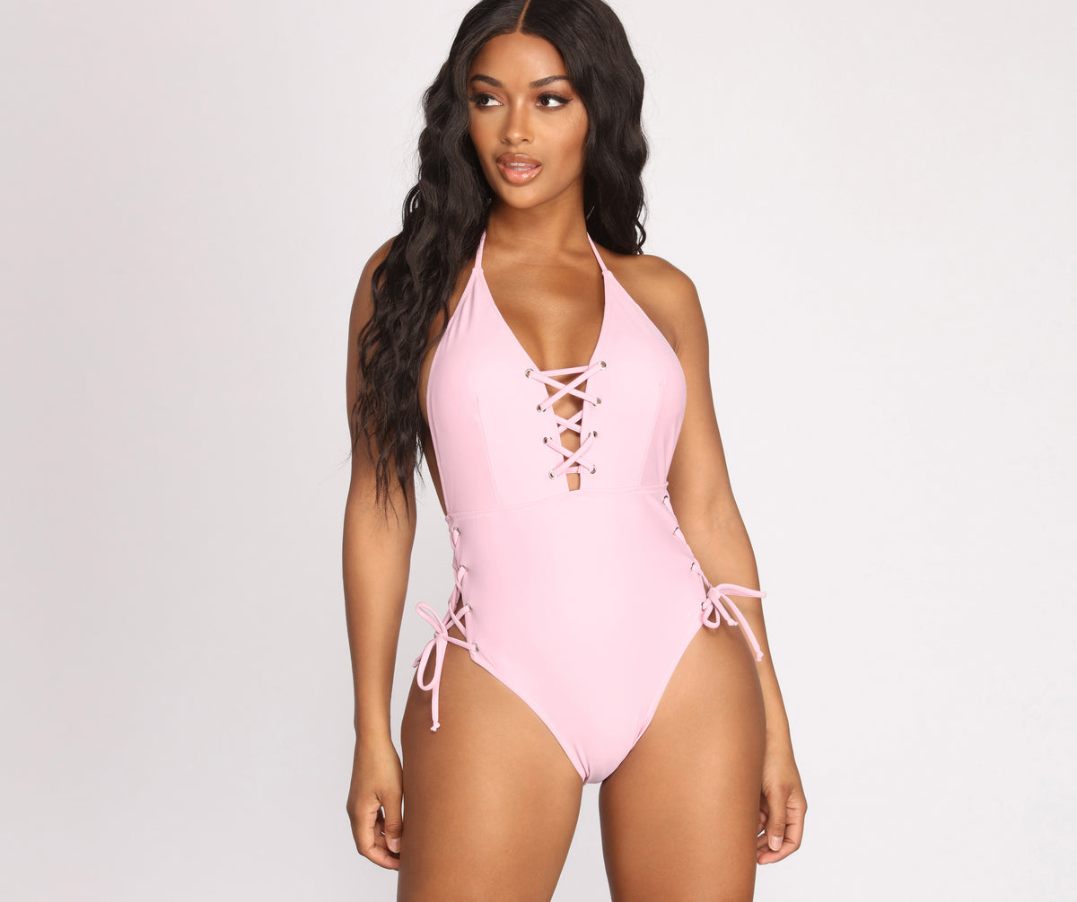 Lucky Women's Standard Golden Wave One Piece Swimsuit-Lace Front Tie,  Adjustable Straps, Bathing Suits, Fiesta at  Women's Clothing store