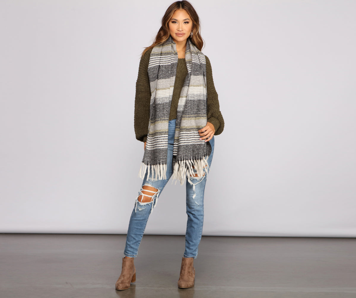 Sweet In Stripes Knit Fringe Blanket Scarf