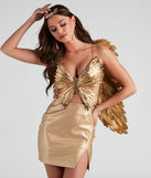 Women's fairy costume styled with a gold fairy headband, gold wings, a butterfly feather top, complimenting skirt, and costume jewelry