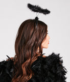 Headband of the Angel Halloween Marabou Black Feather Halo Headband from Windsor’s Halloween Costume Shop 2023.