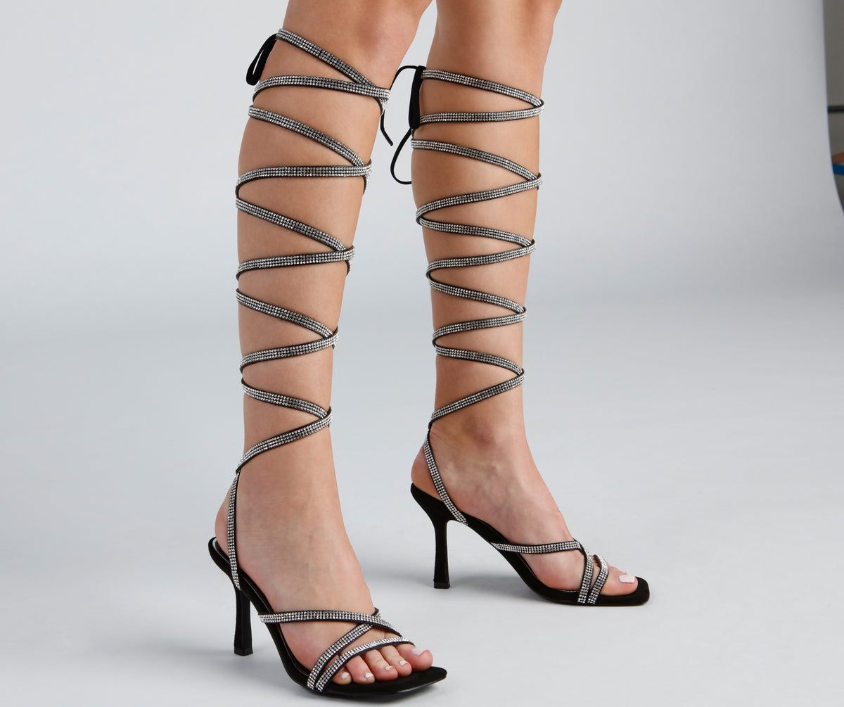 Women Tie Leg Design Rhinestone Decor Heeled Sandals, Glass Chunky Heeled  Glamorous Strappy Sandals For Outdoor | Prom shoes black, Fashion heels,  Diamond heels