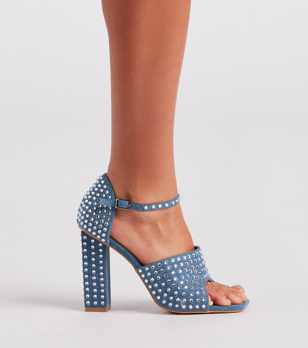 Trendy Diva Rhinestone Denim Block Heels