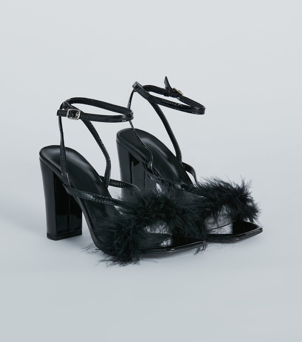 Fabulous Strut Marabou Strappy Block Heels