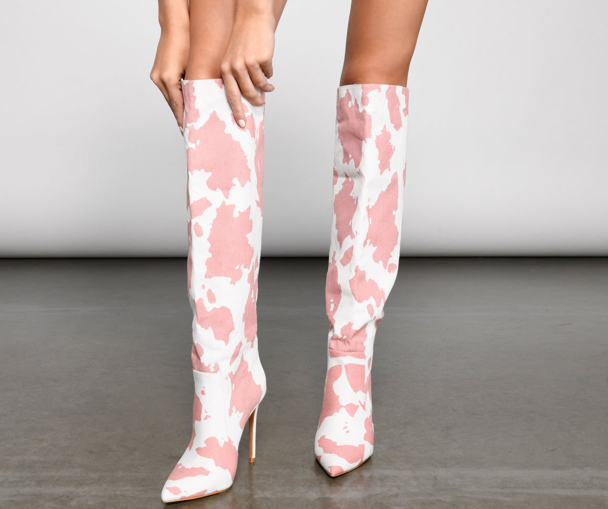 Cow print sales thigh high boots