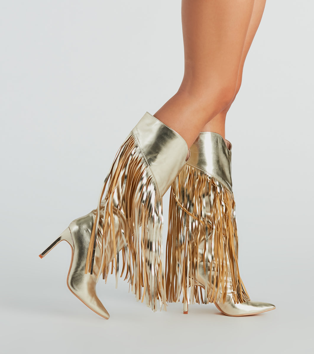 Shaking It Faux Leather Metallic Fringe Boots