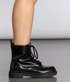 Croc Print Combat Boot for 2022 festival outfits, festival dress, outfits for raves, concert outfits, and/or club outfits