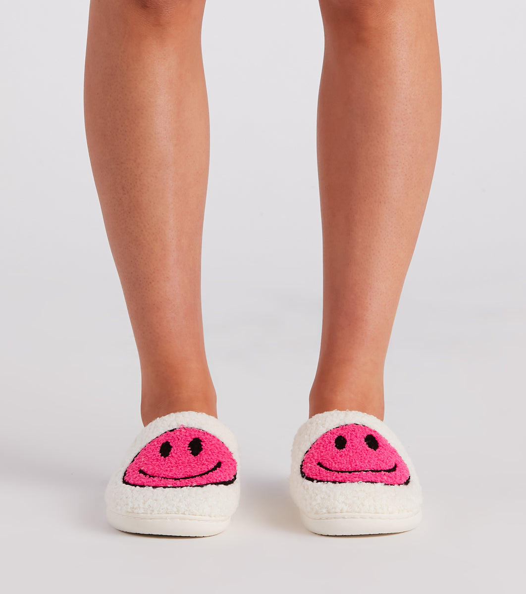 Be Happy Face Faux Sherpa Slippers